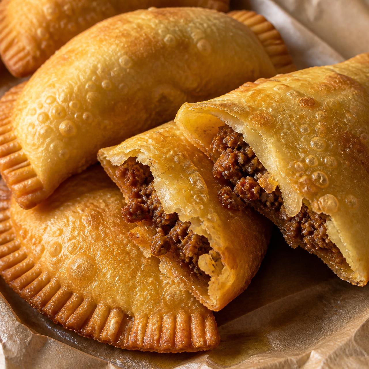 Close-up of a Puerto Rican empanada broken open showing beef picadillo filling