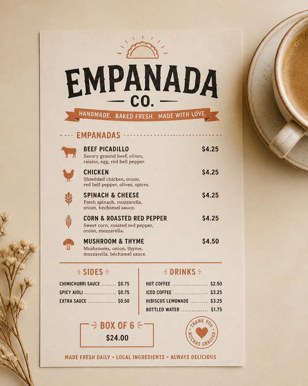 Printed empanada menu with fillings and prices