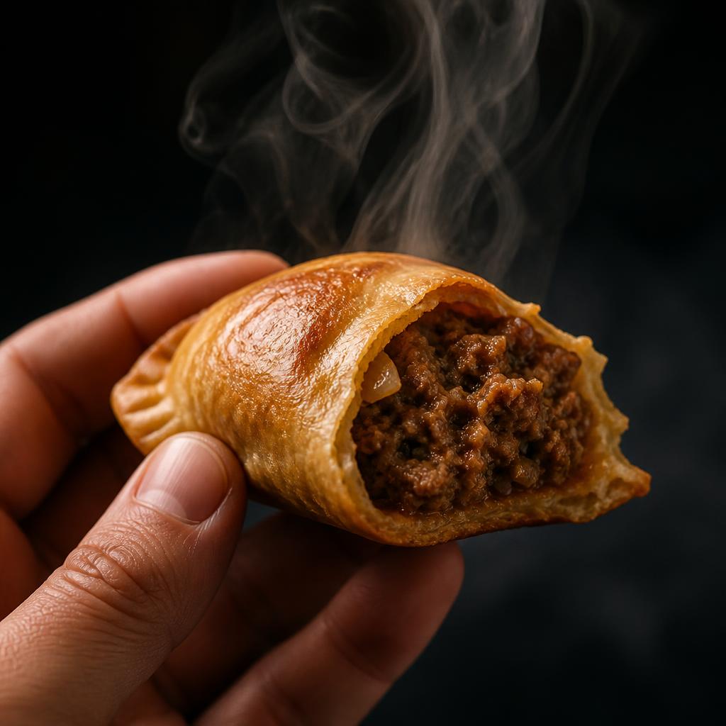 Hand holding a hot empanada with steam rising